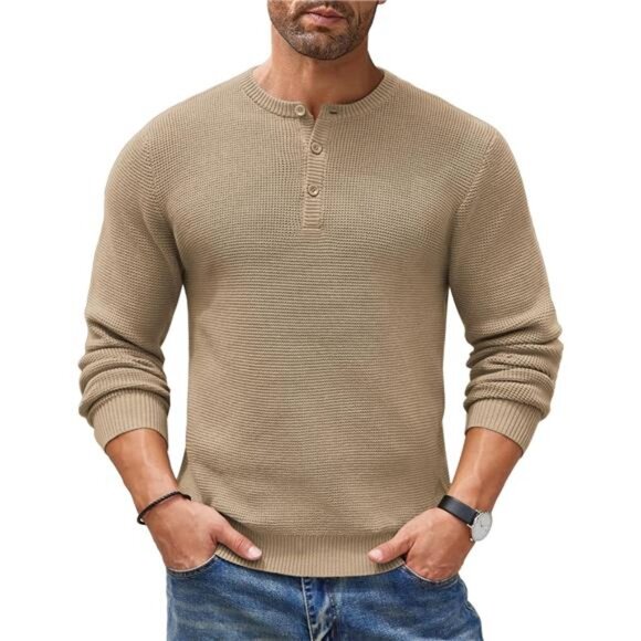 Men's Henley Knit Sweater Long Sleeve Button Pullover Sweater